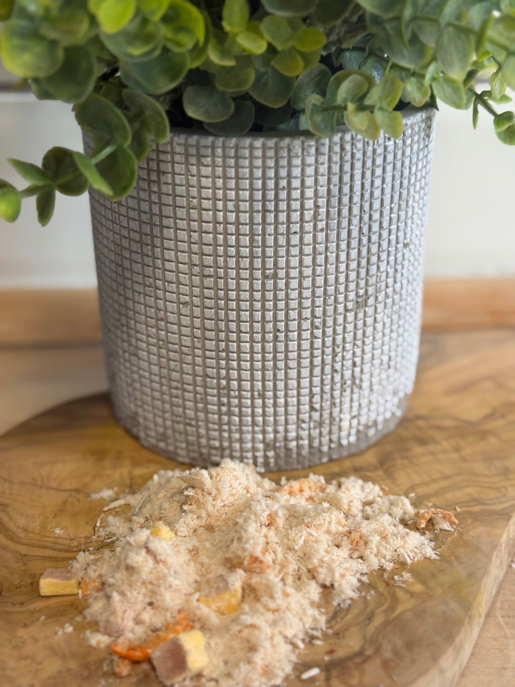 Freeze dried chicken shrimp and yolk topper.