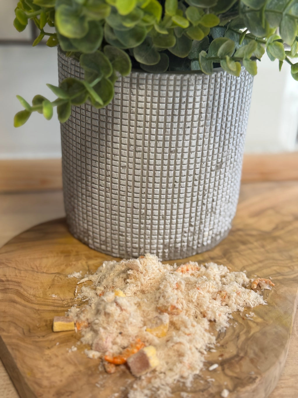 Freeze dried chicken shrimp and yolk topper.